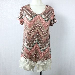 New Directions Blouse Chevron Design Lace Fringe S